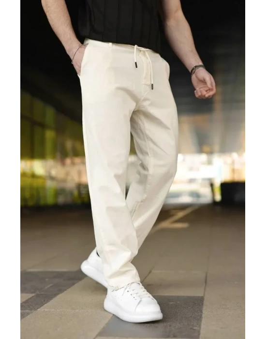 Erkek Keten Cepli Pantolon astikli Bel Bağcıklı Önden Fermuarlı  Krem