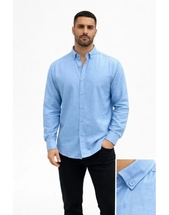 Erkek KETEN Kumaş Oversize Uzun Kollu Rahat Kalıp Gömlek  Açık avi