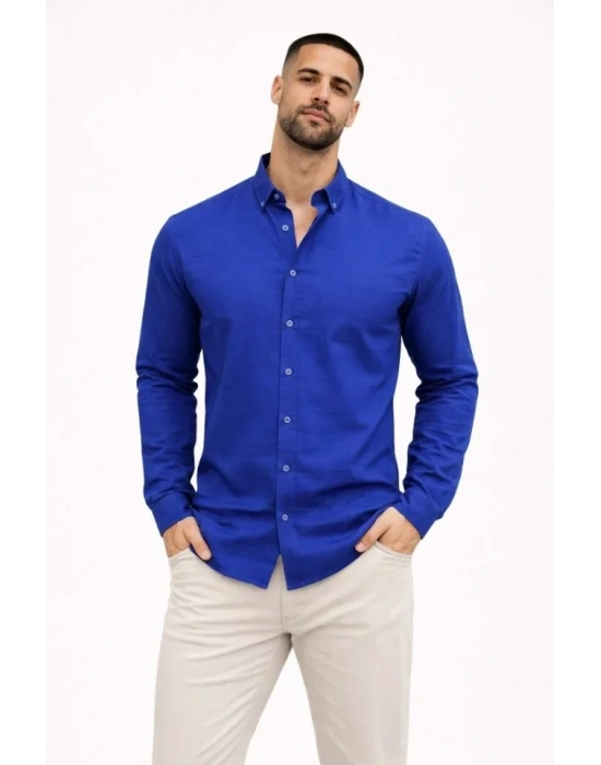 Erkek KETEN Kumaş Oversize Uzun Kollu Rahat Kalıp Gömlek  aks avisi