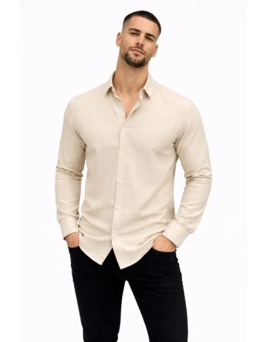 Erkek KETEN Kumaş Oversize Uzun Kollu Rahat Kalıp Gömlek  Bej