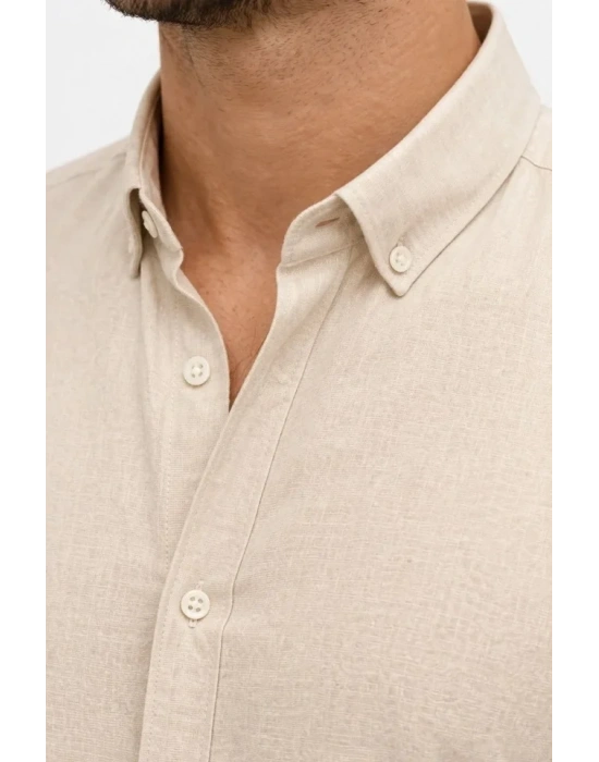 Erkek KETEN Kumaş Oversize Uzun Kollu Rahat Kalıp Gömlek  Bej
