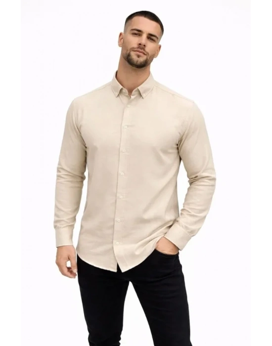 Erkek KETEN Kumaş Oversize Uzun Kollu Rahat Kalıp Gömlek  Bej