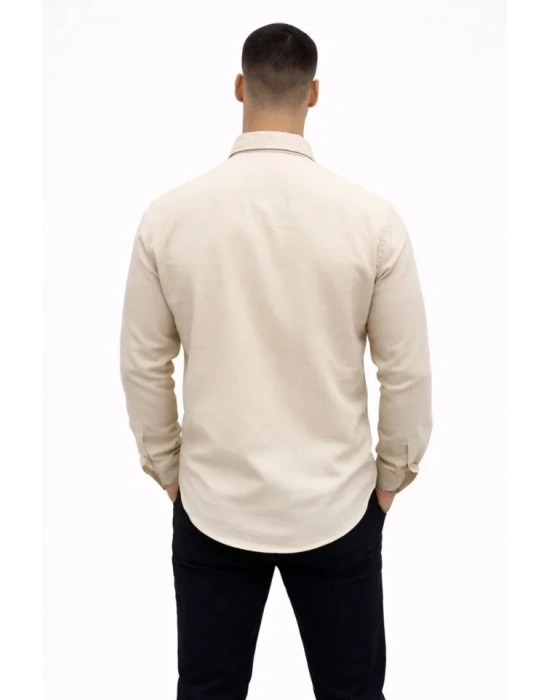 Erkek KETEN Kumaş Oversize Uzun Kollu Rahat Kalıp Gömlek  Bej