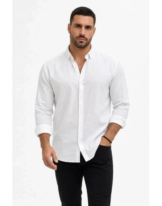 Erkek KETEN Kumaş Oversize Uzun Kollu Rahat Kalıp Gömlek  Beyaz