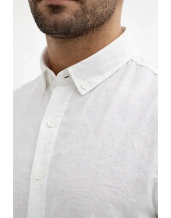Erkek KETEN Kumaş Oversize Uzun Kollu Rahat Kalıp Gömlek  Beyaz