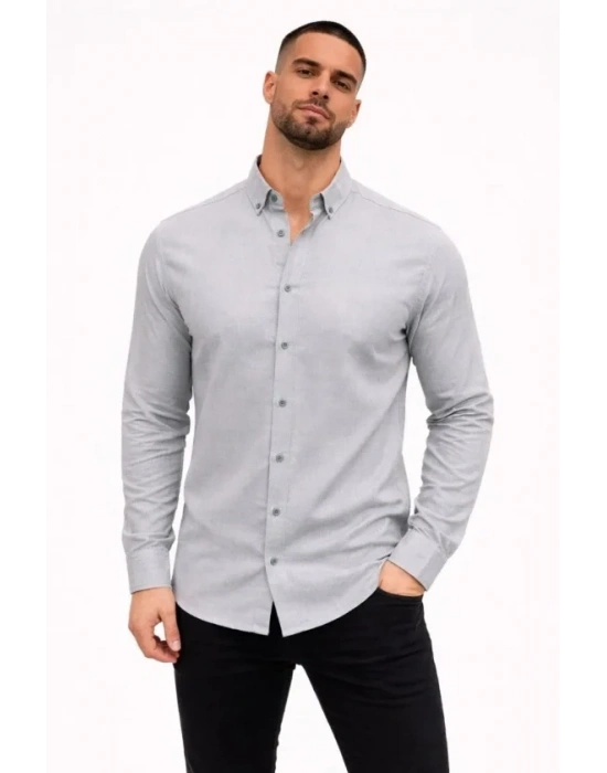 Erkek KETEN Kumaş Oversize Uzun Kollu Rahat Kalıp Gömlek  Boyalı Gri