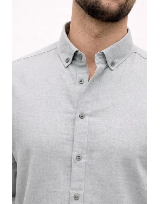 Erkek KETEN Kumaş Oversize Uzun Kollu Rahat Kalıp Gömlek  Boyalı Gri