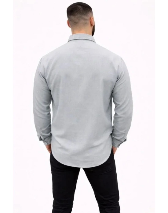 Erkek KETEN Kumaş Oversize Uzun Kollu Rahat Kalıp Gömlek  Boyalı Gri