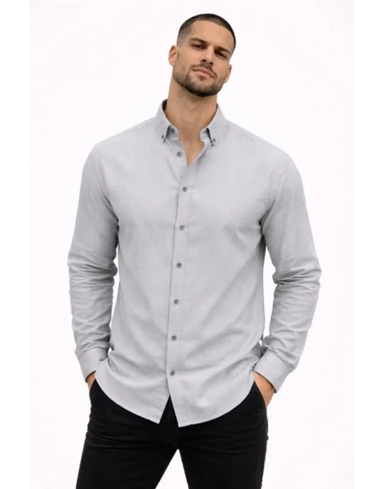 Erkek KETEN Kumaş Oversize Uzun Kollu Rahat Kalıp Gömlek  Boyalı Gri