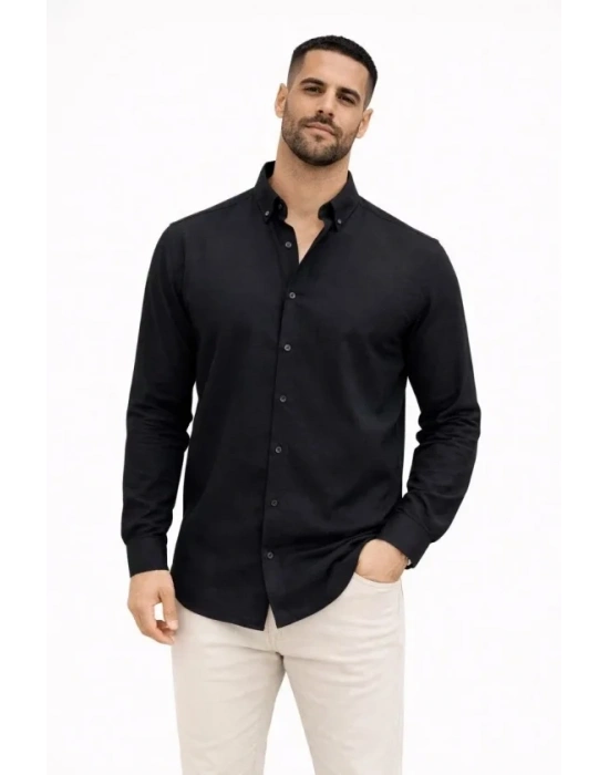 Erkek KETEN Kumaş Oversize Uzun Kollu Rahat Kalıp Gömlek  iyah