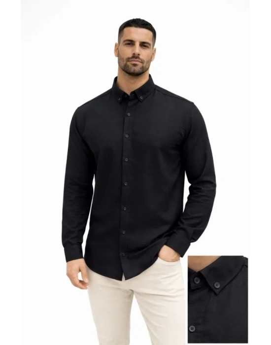 Erkek KETEN Kumaş Oversize Uzun Kollu Rahat Kalıp Gömlek  iyah