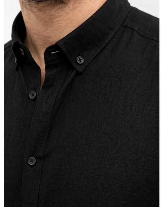 Erkek KETEN Kumaş Oversize Uzun Kollu Rahat Kalıp Gömlek  iyah