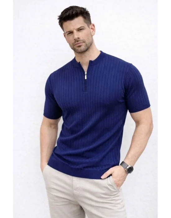 Erkek Kısa Kol Fitilli Triko Thirt Yazlık Hakim Yaka Tişört  acivert