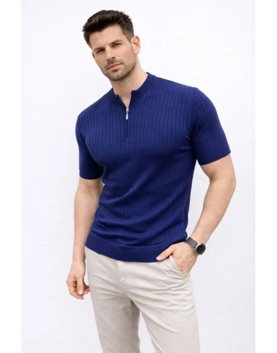 Erkek Kısa Kol Fitilli Triko Thirt Yazlık Hakim Yaka Tişört  acivert