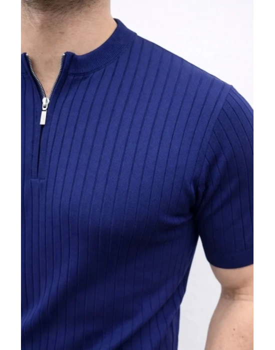 Erkek Kısa Kol Fitilli Triko Thirt Yazlık Hakim Yaka Tişört  acivert