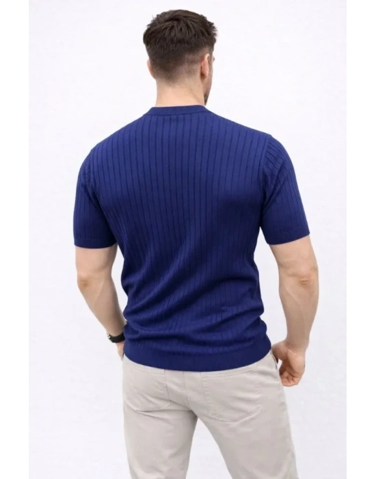 Erkek Kısa Kol Fitilli Triko Thirt Yazlık Hakim Yaka Tişört  acivert