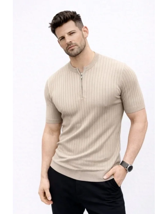 Erkek Kısa Kol Fitilli Triko Thirt Yazlık Hakim Yaka Tişört  Bej