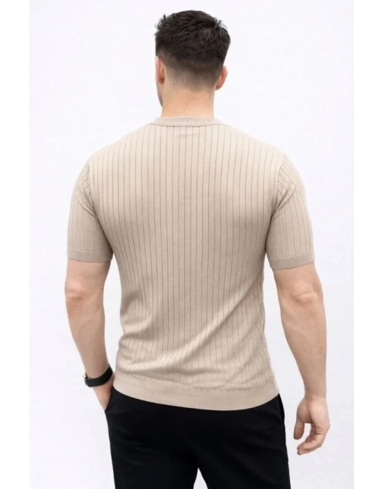 Erkek Kısa Kol Fitilli Triko Thirt Yazlık Hakim Yaka Tişört  Bej