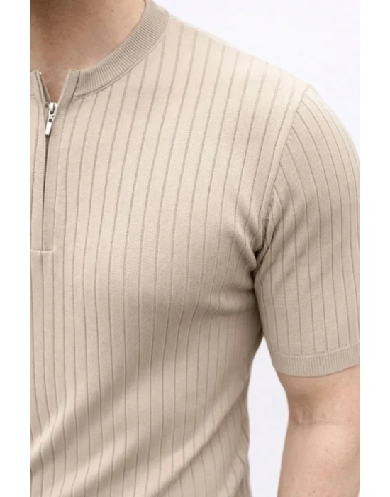 Erkek Kısa Kol Fitilli Triko Thirt Yazlık Hakim Yaka Tişört  Bej
