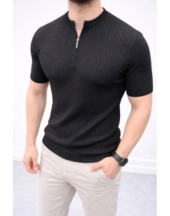 Erkek Kısa Kol Fitilli Triko Thirt Yazlık Hakim Yaka Tişört  iyah