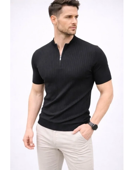 Erkek Kısa Kol Fitilli Triko Thirt Yazlık Hakim Yaka Tişört  iyah