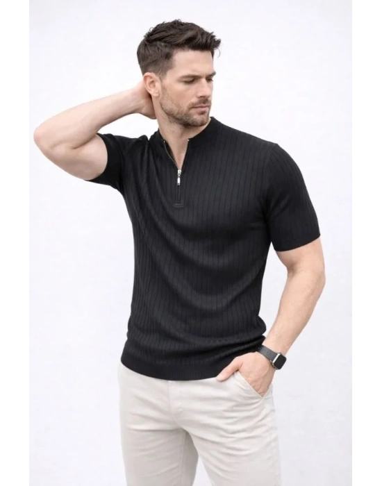 Erkek Kısa Kol Fitilli Triko Thirt Yazlık Hakim Yaka Tişört  iyah