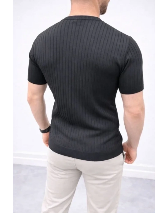 Erkek Kısa Kol Fitilli Triko Thirt Yazlık Hakim Yaka Tişört  iyah