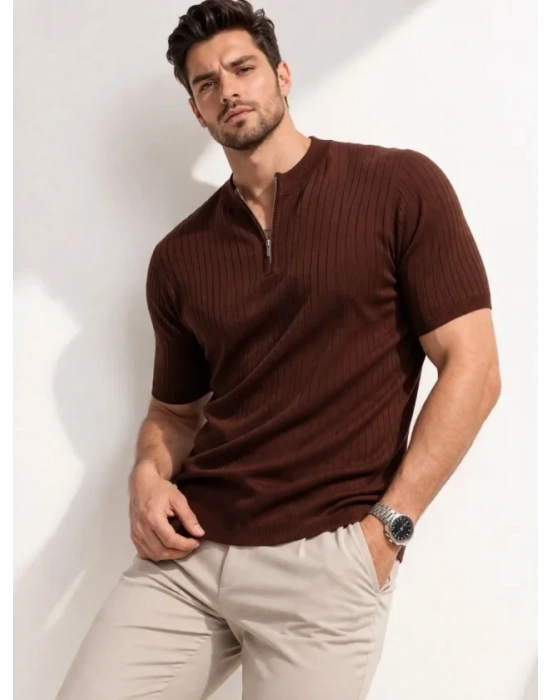 Erkek Kısa Kol Fitilli Triko Thirt Yazlık Hakim Yaka Tişört  Kahverengi