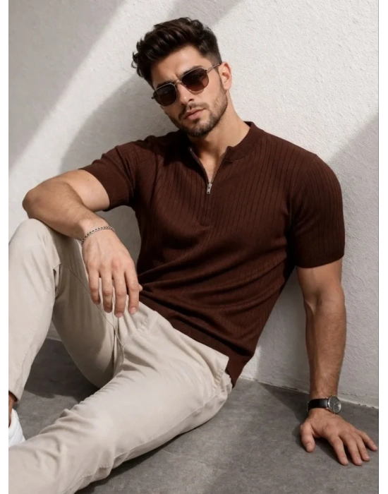 Erkek Kısa Kol Fitilli Triko Thirt Yazlık Hakim Yaka Tişört  Kahverengi