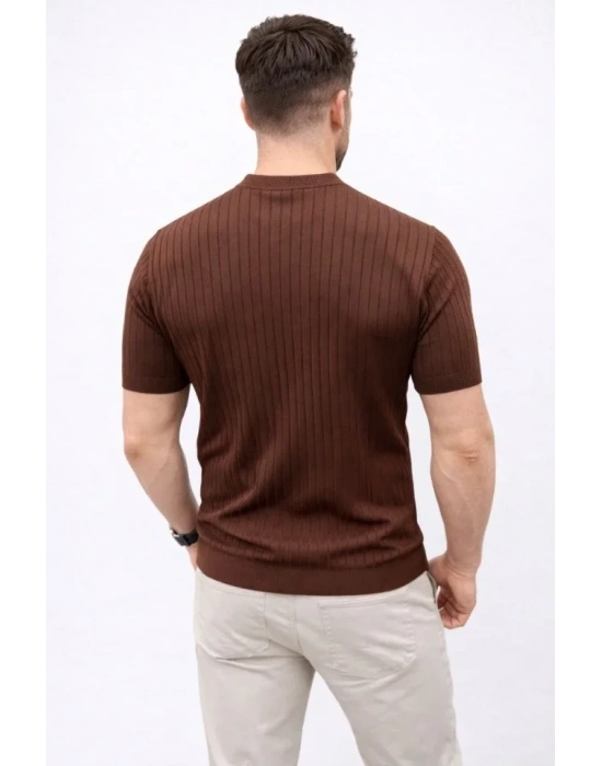 Erkek Kısa Kol Fitilli Triko Thirt Yazlık Hakim Yaka Tişört  Kahverengi