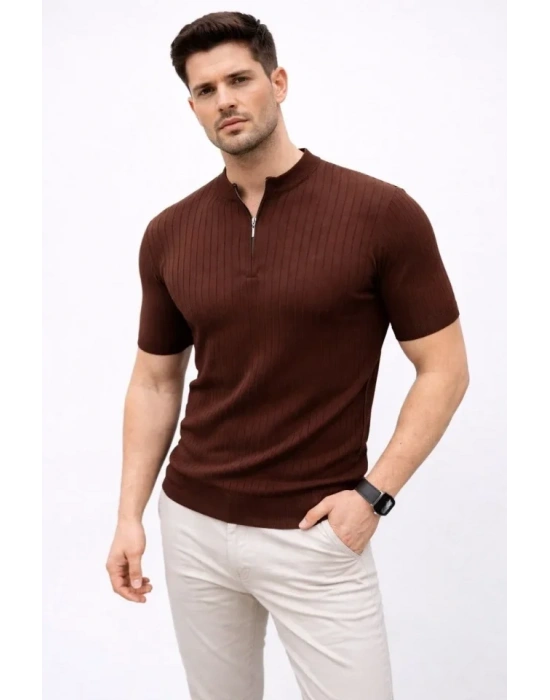 Erkek Kısa Kol Fitilli Triko Thirt Yazlık Hakim Yaka Tişört  Kahverengi