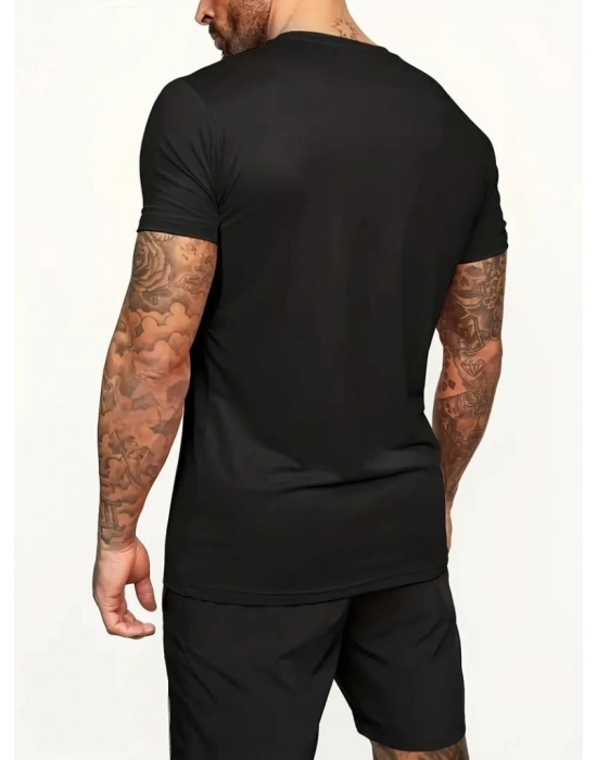 Erkek Kısa Kollu Bisiklet Yaka Baskılı Bluz Ipli Short Iki Iplik Takım