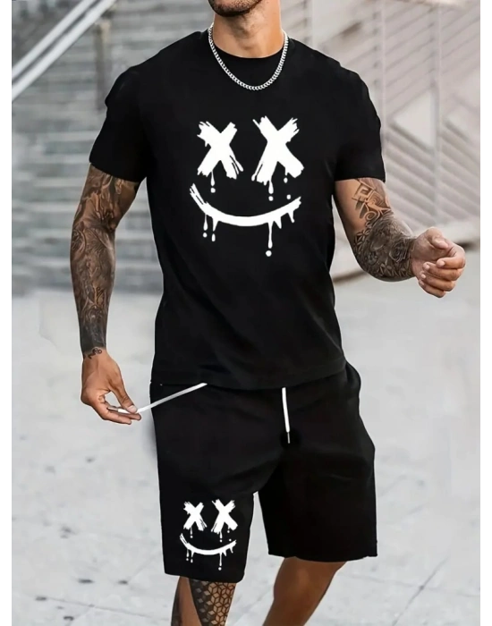 Erkek Kısa Kollu Bisiklet Yaka Baskılı Tişört Ipli Short Iki Iplik Takım