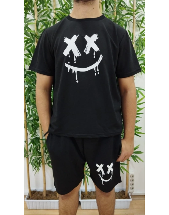 Erkek Kısa Kollu Bisiklet Yaka Baskılı Bluz Ipli Short Iki Iplik Takım