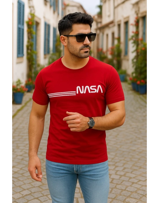 Erkek Kısa Kollu Nasa Baskı Basic Erkek Tshirt