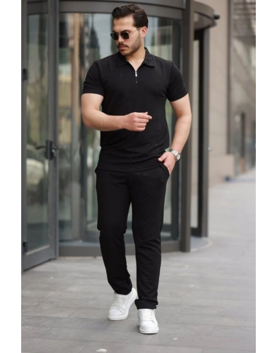 Erkek Kısa Kollu önden Fermuarlı Janjan Krep Bluz Ve Pantolon Ikili Takım