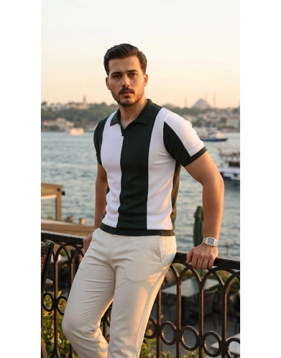 Erkek Kısa Kollu Polo Yakalı Blok Desenli Triko Bluz