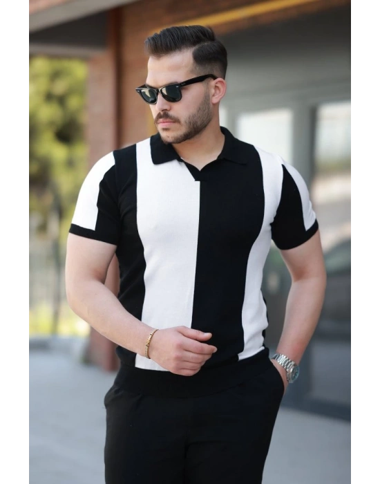 Erkek Kısa Kollu Polo Yakalı Blok Desenli Triko Bluz