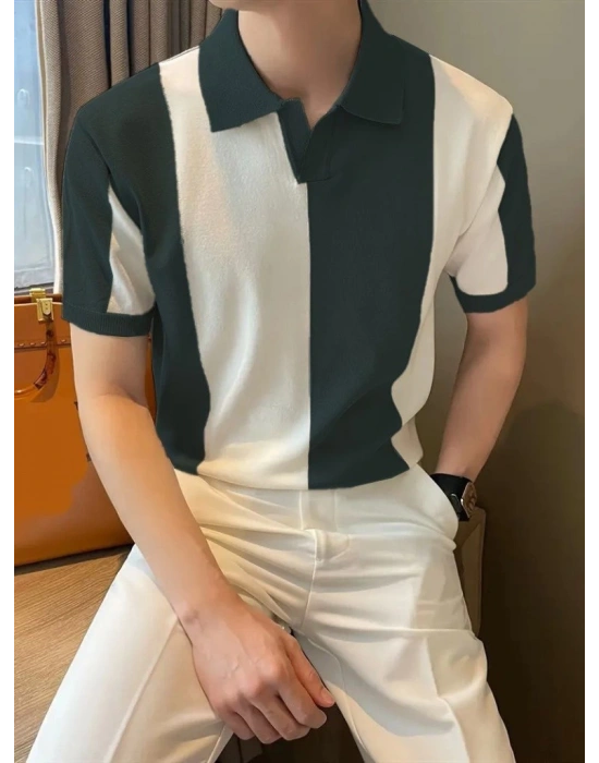 Erkek Kısa Kollu Polo Yakalı Blok Desenli Triko Tişört