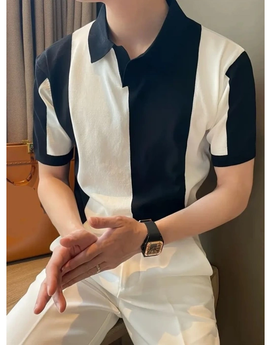 Erkek Kısa Kollu Polo Yakalı Blok Desenli Triko Bluz