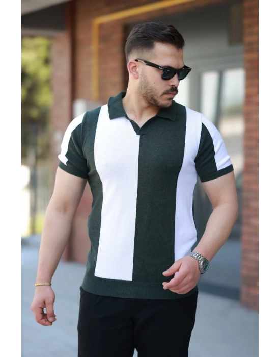 Erkek Kısa Kollu Polo Yakalı Blok Desenli Triko Tişört