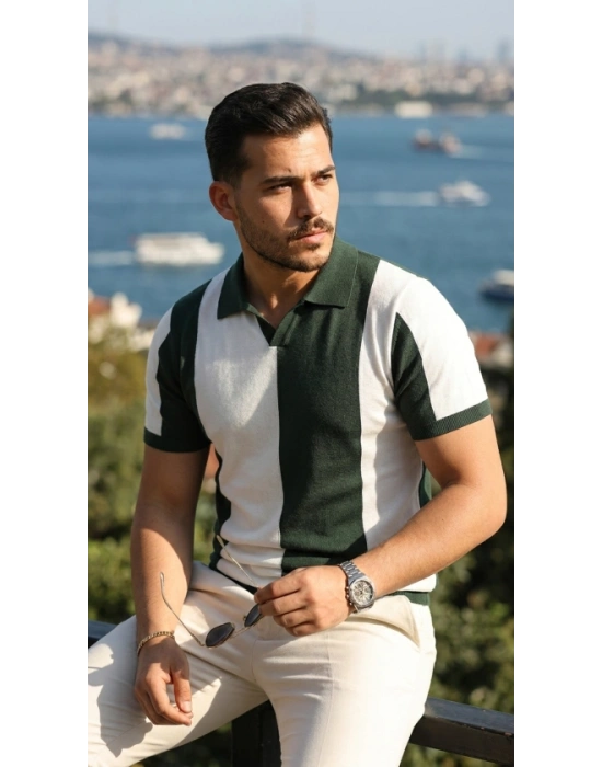 Erkek Kısa Kollu Polo Yakalı Blok Desenli Triko Bluz