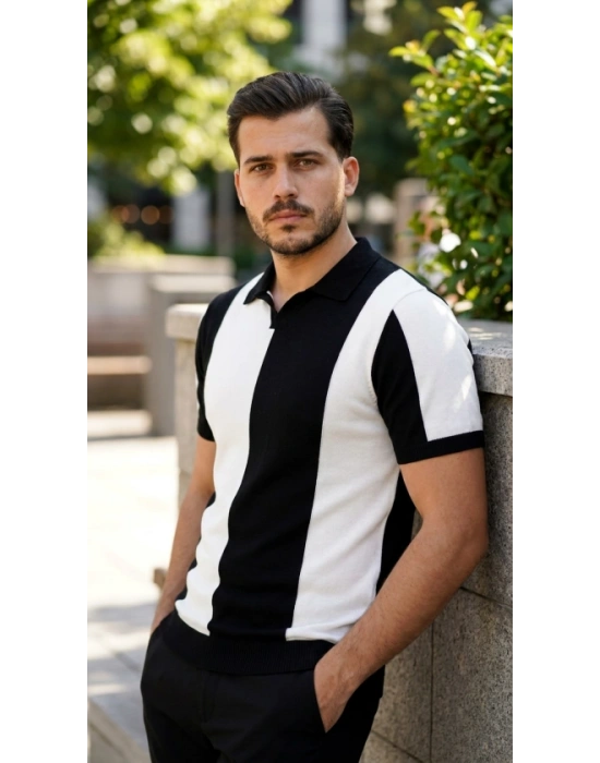 Erkek Kısa Kollu Polo Yakalı Blok Desenli Triko Bluz
