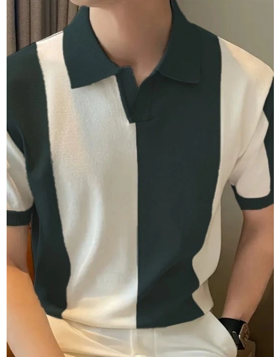 Erkek Kısa Kollu Polo Yakalı Blok Desenli Triko Tişört