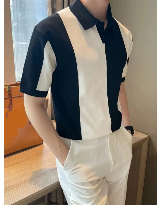 Erkek Kısa Kollu Polo Yakalı Blok Desenli Triko Bluz