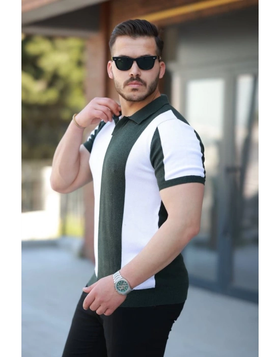Erkek Kısa Kollu Polo Yakalı Blok Desenli Triko Tişört