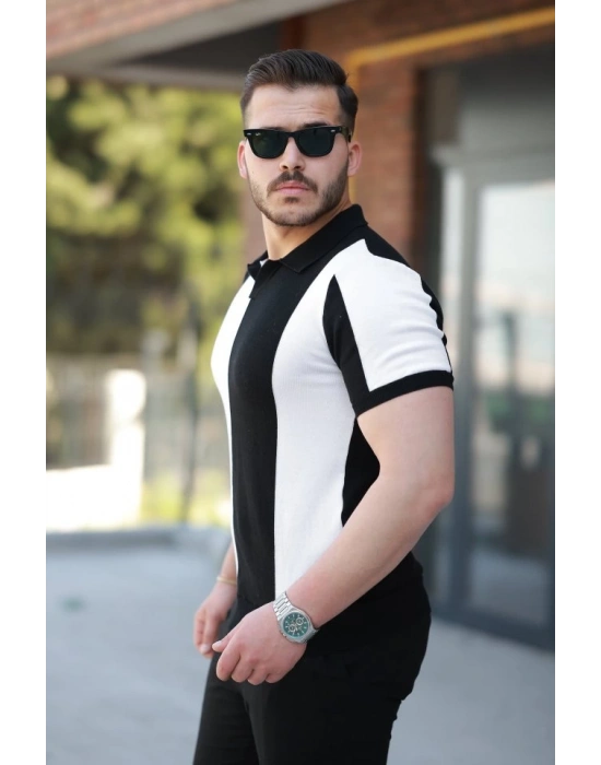 Erkek Kısa Kollu Polo Yakalı Blok Desenli Triko Bluz
