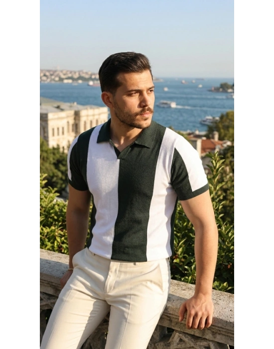 Erkek Kısa Kollu Polo Yakalı Blok Desenli Triko Bluz