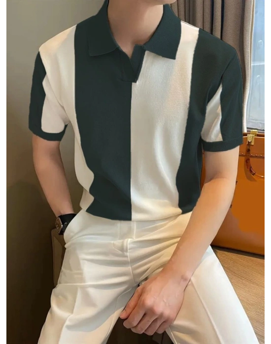 Erkek Kısa Kollu Polo Yakalı Blok Desenli Triko Tişört