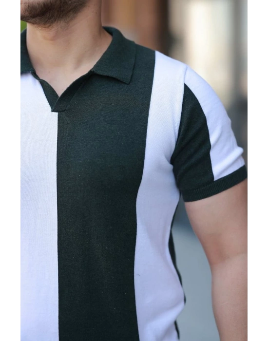 Erkek Kısa Kollu Polo Yakalı Blok Desenli Triko Tişört